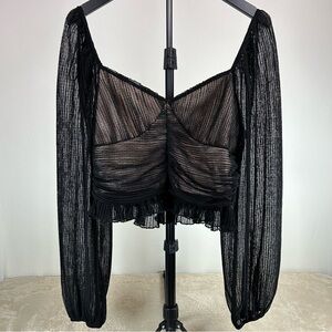 Meraki Black Goth Witch Glam Sheer Mesh Ruched Crop Top XL